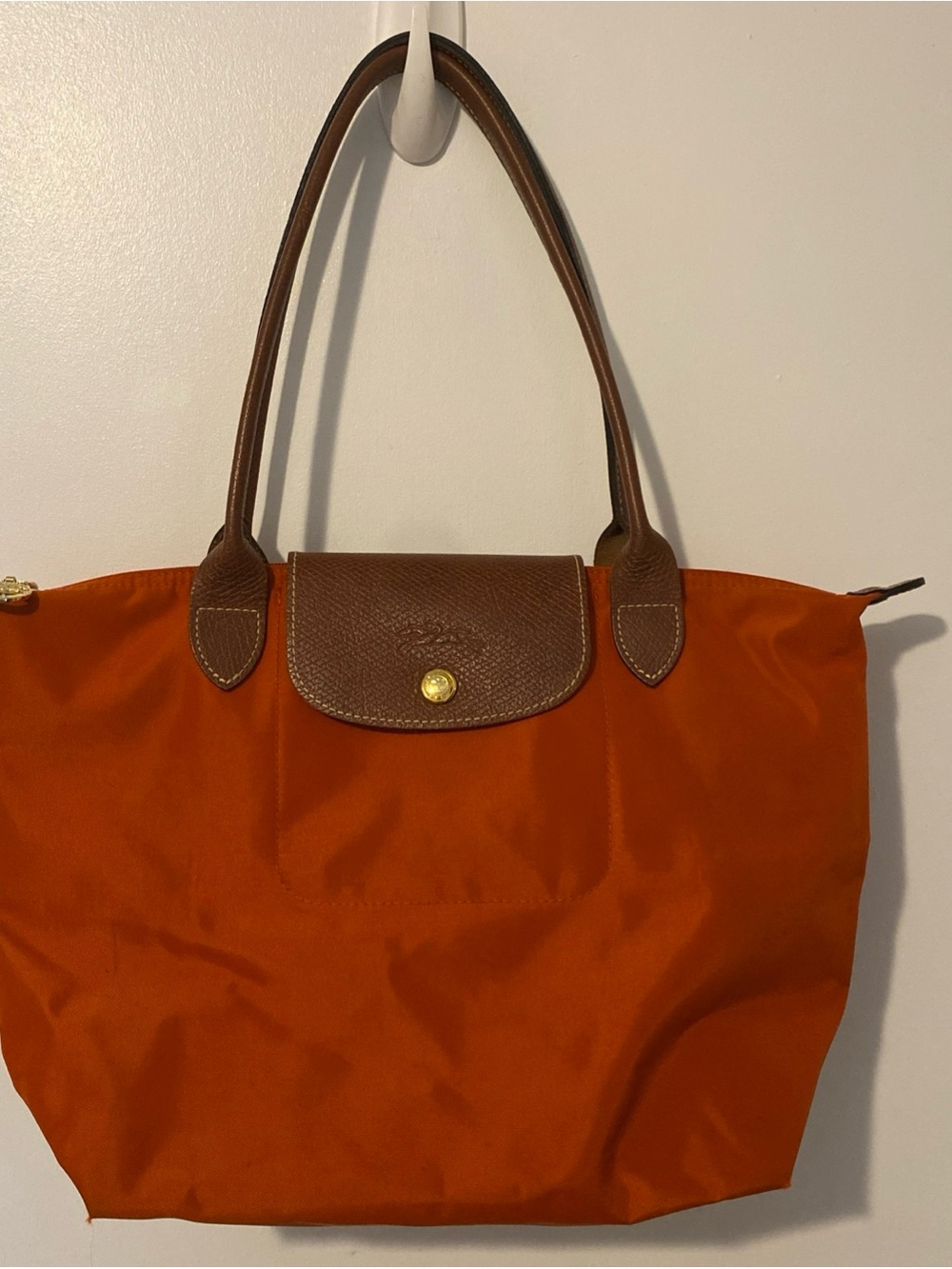 Longchamp Orange Nylon Tote with Brown Leather Trim